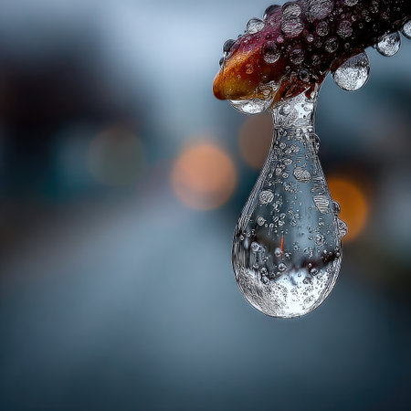 This macro photograph shows a water droplet suspended from a branch, with a blurred bokeh background. The image exhibits cool tones and captures the details of the water's surface. The composition uses shallow depth of field, with soft lighting. This image could be used for various projects, including nature articles, or design elements.の素材