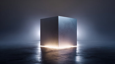 A metallic cube is the central element in a dramatic composition, subtly lit from below, showcasing a reflective surface. The image exhibits a cool color palette with diffused lighting and a soft gradient background. Suitable for conceptual illustrations, design projects, and diverse commercial applications.の素材