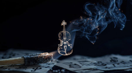 A close-up captures a miniature violin figure seemingly floating amidst sheet music. A burning matchstick emits smoke, enhancing the composition with wisps of vapor. The scene showcases a dark aesthetic, possibly indoors, with focused lighting highlighting the central elements. Suitable for conceptual artistic uses and visual storytelling projects.の素材