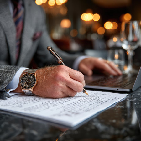A close-up captures a man's hand with a watch writing on paper, near a laptop, suggesting office work. The image presents a shallow depth of field, with soft, warm lighting emphasizing the focused activity. It can be used in projects related to business, communication, or entrepreneurship.の素材