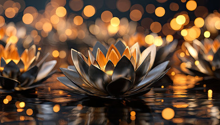 The image showcases three metallic lotus flowers floating on water, illuminated by golden bokeh lights. The composition highlights the flowers' intricate details and reflective surfaces. The overall aesthetic is one of elegant simplicity with a soft, diffused lighting, suitable for various design projects and editorial content.の素材