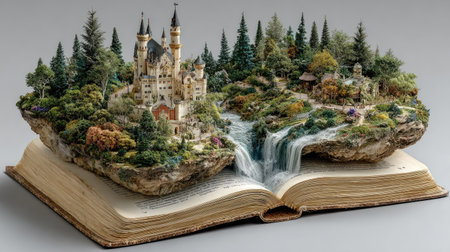 An open book displays a vibrant miniature landscape featuring a castle, waterfalls, and a dense forest of trees. The scene showcases a combination of various colors and textures with detailed composition. This conceptual design could be used for illustrating fantasy stories, educational materials, or decorative purposes.の素材