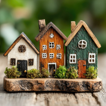 This image showcases three intricately crafted miniature houses, each with a unique color scheme and design. The houses are positioned on a rustic wooden base, accented by vibrant green foliage. The composition uses natural light, and the overall style is detailed and decorative. This image is suited for creative projects and illustrative content.の素材