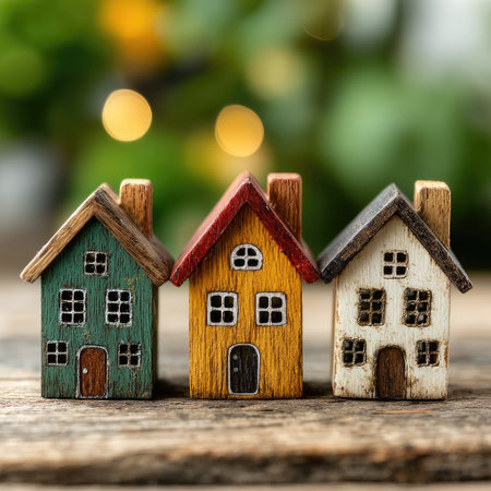 Three colorful miniature wooden houses are arranged closely together on a textured surface. The houses feature different colors and architectural details. The background shows blurred greenery and circular highlights creating a soft focus effect. This image could be used for various design, real estate, or conceptual projects.の素材