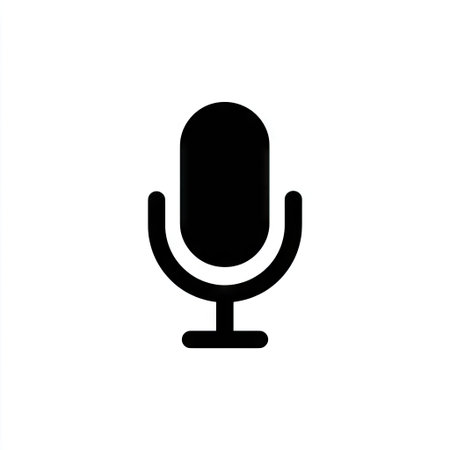 A black microphone icon is centered against a pristine white backdrop. The design employs simple geometric shapes creating a clean aesthetic. The solid black color provides contrast. This image is suitable for use in diverse projects from web design to presentations and can be applied to communication themes.の素材