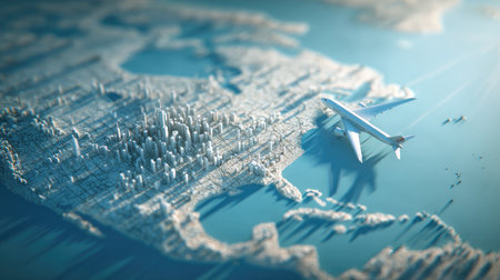An airplane model is seen in flight above a detailed topographic map depicting North America. The image features a shallow depth of field, highlighting the map's texture and miniature airplane. The color palette includes blues, whites, and light browns, suggesting a daytime scene. This conceptual imagery could be used for travel, geography, or business themes.の素材