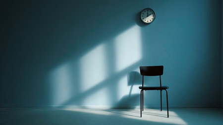 A stark interior scene features a lone chair against a blue wall, accompanied by a clock. The composition is defined by strong shadows and diagonal sunlight. The lighting creates a dramatic and contemplative atmosphere. Suitable for use in conceptual projects, illustrating themes of waiting or time.の素材