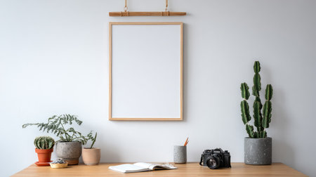 A close-up captures a modern interior with a blank picture frame hanging against a white wall. The composition features wooden textures, potted plants, and a camera on a desk. The scene is lit by natural light. This image could be suitable for various commercial or editorial applications.の素材