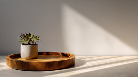 A small potted succulent rests on a round wooden tray, positioned against a plain, light-colored background. The scene is illuminated by strong sunlight, creating dramatic shadows. The composition and lighting create a modern aesthetic suitable for various design, lifestyle, and editorial projects.の素材
