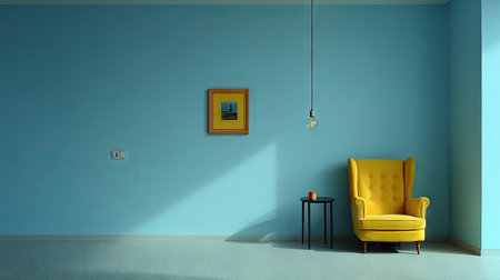 A minimalist interior showcases a yellow armchair and a small picture frame against a muted blue wall. The scene is bathed in soft natural light, highlighting the textures and simple composition. This image could be used for advertising, design concepts, or illustrating a modern lifestyle. The setting implies a clean, uncluttered space.の素材