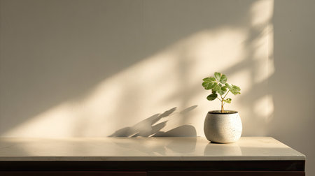 A small potted plant sits on a light-colored surface with bright sunlight creating dramatic shadows. The composition features a clean aesthetic with a focus on natural light and textures. Suitable for illustrating concepts of nature, home decor, or peaceful environments, this image offers various applications.の素材