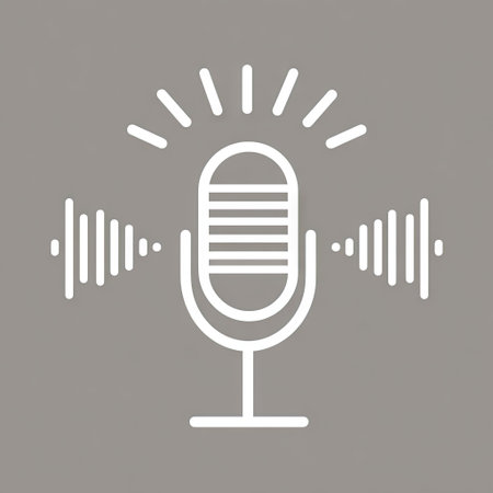 This graphic presents a minimalist white microphone icon, emitting sound waves on a gray backdrop. The design utilizes clean lines and shapes, suggesting a modern and simple aesthetic. It may be suitable for media, broadcasting, communication, or information-related uses, suitable for various promotional projects.の素材