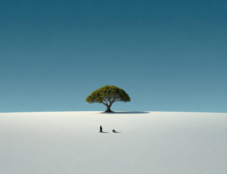 A striking composition showcases a lone tree and two silhouetted figures on a white ground under a vast blue sky. The image utilizes a minimalist aesthetic with clean lines and a strong contrast. The lighting suggests a bright day, suitable for various uses.の素材