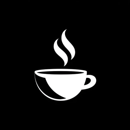 A stark white coffee cup design features curling steam, set against a solid black backdrop. The graphic utilizes a minimalist approach, emphasizing simplicity and contrast. The style suggests potential use in advertising, branding, or editorial content, suitable for various applications.の素材