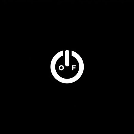 A stark white power button icon is centered against a solid black backdrop. The graphic features a simple, modern design with the letters "O" and "F" inside the button. The high-contrast composition emphasizes a clear message, potentially useful for digital interfaces or design templates. This image may find uses in web design, presentations, and various visual projects.の素材