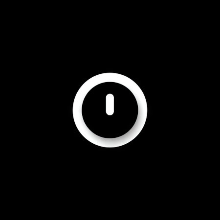 This image features a simplified power button icon, depicted in white against a stark black backdrop. The design employs basic geometric shapes to create a visual representation. It is a graphic element suitable for use in digital design, user interface components, or conceptual representations. This image is potentially useful for a variety of commercial and editorial contexts.の素材