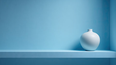 A white vase sits on a blue shelf against a matching blue backdrop. The image showcases simple geometry with smooth textures. The lighting appears soft and even, highlighting the rounded form of the vase. The composition and color scheme lend themselves well to commercial design or editorial applications.の素材