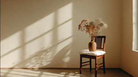 A tranquil interior showcases a wooden chair with a vase of dried flowers against a neutral wall. The scene is bathed in warm sunlight, casting shadows. The composition suggests a sense of calm and simplicity, suitable for editorial or commercial applications. The image utilizes natural lighting and highlights the textures of the objects.の素材