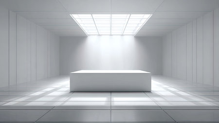 A stark white interior showcases a central display platform beneath an overhead skylight. The room features a grid-like tile floor and subtle shadow patterns, emphasizing the clean lines and geometric design. This modern architectural space, with its bright, diffused lighting, is suitable for various commercial uses and presentations.の素材