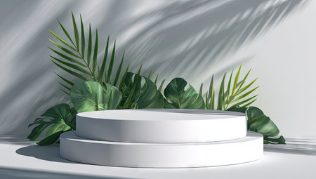 A tiered, white pedestal is the central element, adorned with vibrant green leaves. The leaves and shadows create a natural, textured backdrop against a white wall, suggesting an indoor setting. The composition features strong lighting and copy space, suitable for product presentations or promotional imagery.の素材