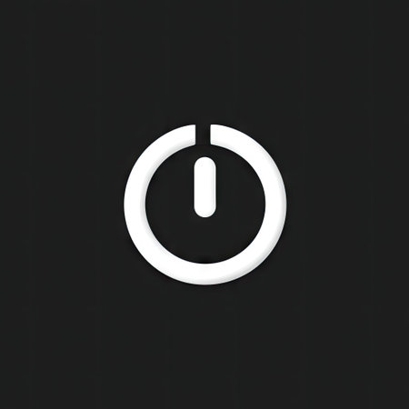 A minimalist white power button icon is centered against a dark, solid background. The graphic presents a circular shape with a vertical line through it. The clean, modern design suggests digital technology and energy. Suitable for use in various commercial and editorial applications.の素材