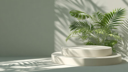 A close-up showcases a plant arrangement atop a circular pedestal against a plain wall. The scene is bathed in soft sunlight creating long shadows from overhead leaves. The composition emphasizes clean lines and natural textures, suitable for product presentation or background use. This image lends itself to various commercial and design applications.の素材