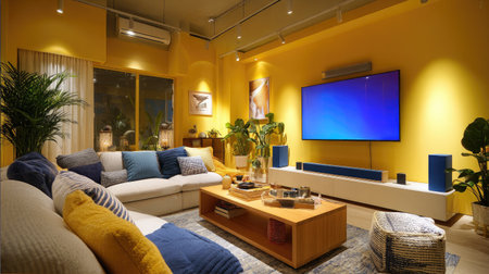 This image showcases a modern living room featuring a large television and contemporary furniture. The scene is illuminated by warm lighting, highlighting yellow walls and blue accents, complemented by decorative plants. Suitable for diverse applications, it offers a versatile visual representation for various creative projects, including commercial and editorial uses.の素材