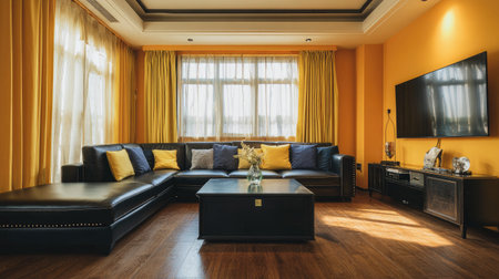 A contemporary living room showcases a black leather sectional sofa set against yellow walls and wooden flooring. Natural light streams through a large window with yellow curtains, illuminating the space. The scene also includes a television and a coffee table. This image could be used for interior design projects or real estate marketing.の素材