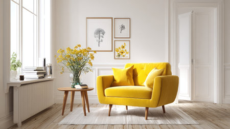 A sunny interior scene features a vibrant yellow armchair paired with wooden side table and artwork. The composition is bathed in natural light from a large window. The roomの素材