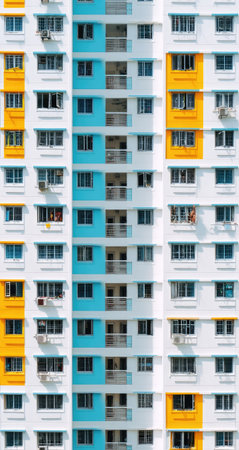 An upward perspective captures a contemporary apartment building. The facade features a repeating pattern of white walls with sections of blue and yellow. The composition showcases numerous windows, creating a geometric and symmetrical design. This image could be used for architectural concepts or illustrating urban living.の素材