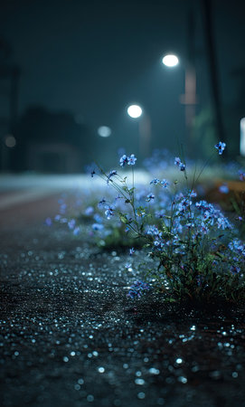 A close-up view displays blue flowers blooming alongside a road illuminated by street lights. The scene is enveloped in a cool, dark ambiance, with soft lighting casting a gentle glow. The asphalt glistens, implying recent rain, adding texture. This image could be suitable for various editorial and commercial applications.の素材