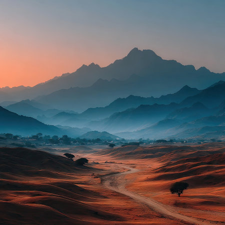 An open landscape presents a mountain range under a colorful gradient sky at sunset. The image exhibits a natural style, showcasing the vast environment and open road. The lighting is soft and the composition captures depth. Suitable for commercial and editorial purposes.の素材