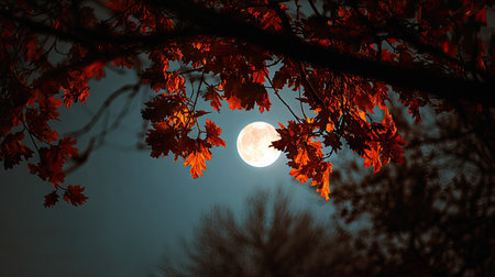 A full moon glows brightly behind silhouetted tree branches and vibrant red autumn leaves. The image presents a contrasting color palette with dark blues and reds. The composition uses a low angle, implying an outdoor, nighttime scene. This image could be suitable for various editorial and commercial applications.の素材