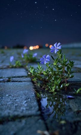 This image showcases delicate blue flowers pushing through stone pavers under a dark, starry night sky. The photograph features a low-angle perspective, emphasizing textures and the interplay of light and shadow. The composition suggests a calm, natural setting, potentially suitable for editorial content or commercial applications related to nature and resilience.の素材