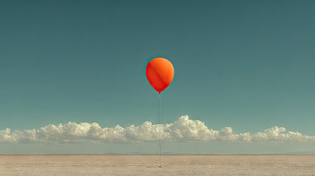 An orange balloon floats against a serene blue sky, positioned above a band of white clouds. The minimalist composition features a wide perspective, with a sandy area below the clouds. This visually striking image utilizes contrasting colors and textures, suitable for various design projects and editorial content.の素材