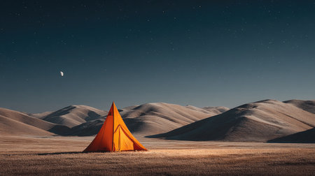 An orange tent stands alone amidst undulating desert dunes under a deep blue night sky with a crescent moon. The scene is bathed in a soft light, highlighting the textures of the sand and tent. This composition might be used to represent concepts of travel or isolation, suitable for various editorial and commercial applications.の素材