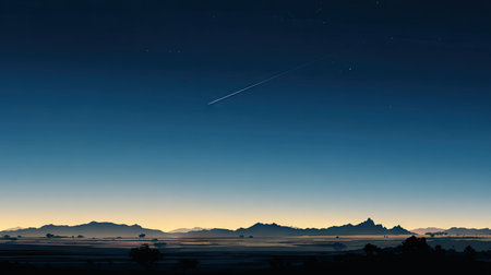 An expansive view showcases a dark night sky above silhouetted mountain range. A streak of light cuts across the dark expanse. The image has a calm, minimalist style, with cool tones. Suitable for illustrative use, this artwork can be used in projects about nature or celestial themes.の素材