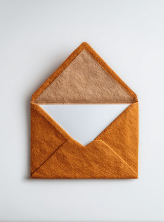 An overhead view displays an open envelope, constructed with a textured, burnt orange material. The interior reveals a bright white space and a brown, triangular insert. The composition features sharp angles and clear lines. Suitable for concepts related to communication or invitations, it can be used for various commercial projects.の素材