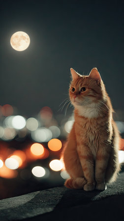 An orange cat is perched outdoors at night, under a full moon. The cat's fur is a warm orange, illuminated by soft lighting. The background features blurred city lights creating depth. This image can be used for various commercial projects related to pets, nature or lifestyle.の素材