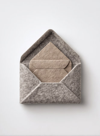 An open felt envelope containing a smaller card, presented against a plain white backdrop. The image features a top-down perspective, emphasizing the textural details of the felt material. The neutral color scheme and simple composition suggest potential uses for design, communication, or conceptual themes.の素材