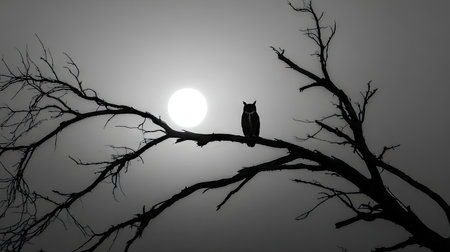 An owl is silhouetted on a bare tree branch against a bright sun in a grayscale composition. The image showcases high contrast and dark textures. The setting appears to be outdoors, with the sun casting a hazy glow. Suitable for various editorial and commercial applications.の素材