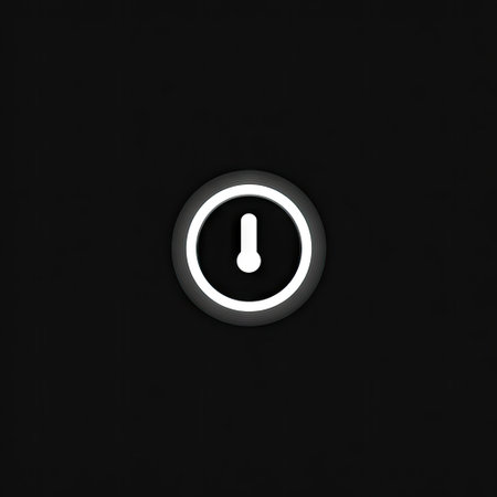 A close-up view presents a glowing power button icon against a black backdrop. The circular shape is highlighted by a bright white outline. This graphic features simple shapes, a smooth texture, and a high contrast aesthetic suggesting use in design or digital content for various applications.の素材