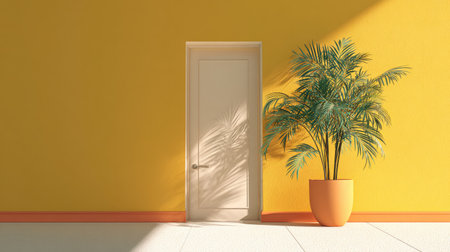 A contemporary interior scene features a closed door set against a yellow wall. A potted plant stands to the right, illuminated by sunlight casting strong shadows. The composition uses simple shapes and vibrant colors, creating a clean and modern aesthetic suitable for various design projects.の素材