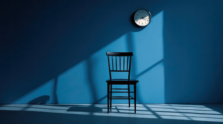 A solitary wooden chair is centered against a vibrant blue wall with a clock. Strong sunlight casts a dynamic shadow across the scene. The composition features a clean aesthetic. The image is suitable for a variety of uses, potentially including editorial or commercial contexts.の素材