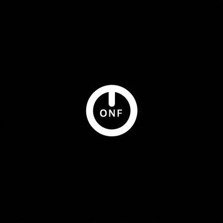A stark white power button icon featuring "ONF" text is centered against a solid black background. The design is simple, flat, and graphic, with clean lines and high contrast. This visual could be utilized in design projects related to technology, user interfaces, or conceptual representations of power or control. Its versatility makes it suitable for various commercial uses.の素材