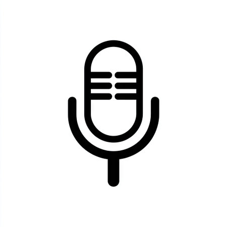 A simplified microphone icon is depicted against a stark white backdrop. The graphic showcases black lines and smooth curves, forming a clean silhouette. The design adopts a minimalist aesthetic, suggesting digital or web-based applications. Suitable for use in a variety of commercial and editorial contexts related to audio, sound, or media.の素材