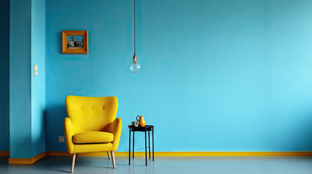 A vibrant interior showcases a yellow armchair and a small table with decor against a bright blue wall. A hanging light and framed artwork add detail. The composition uses a clean, contemporary style with soft lighting. Suitable for use in design concepts, marketing materials, and editorial content.の素材