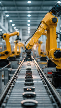 Robotic arms perform automated tasks on an assembly line. The scene showcases industrial technology within a manufacturing environment. The image presents bright yellow robots, a metallic conveyor belt, and a cool color palette. This image is suitable for various commercial uses, including articles on automation and industry.の素材