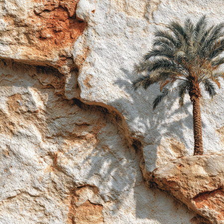 A lone palm tree emerges from a weathered rock formation. The image showcases a natural composition with rough textures and contrasting colors. Strong sunlight casts distinct shadows, enhancing the visual depth. Suitable for various projects, including editorial illustrations and commercial designs that require an outdoor, natural context.の素材