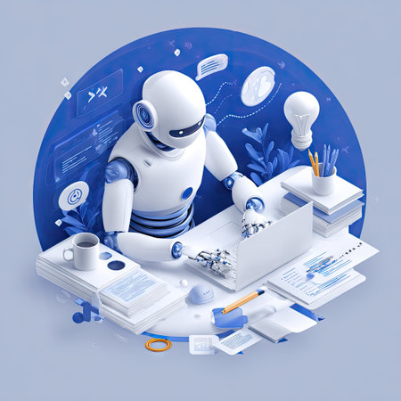 A robot sits at a desk, seemingly working on a laptop. The scene is presented in a bright style with a blue and white color scheme. The composition is circular, conveying a modern and tech-focused theme. This image is suitable for various commercial uses related to technology, artificial intelligence, and innovation.の素材